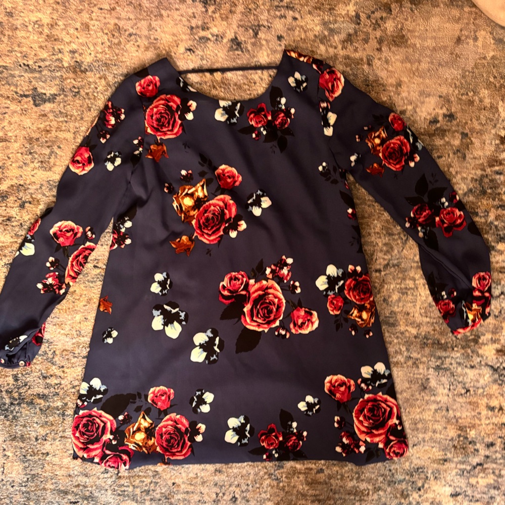Forever 21 Navy Floral Long-Sleeve Dress with Red Roses
